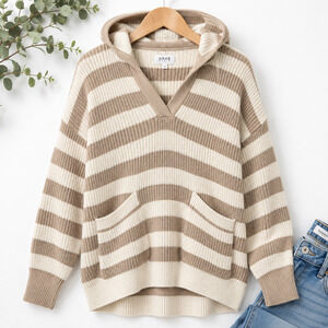 GRAB Denim Women's 14 Striped Hooded Cotton Knit Sweater Taupe Cream Pullover